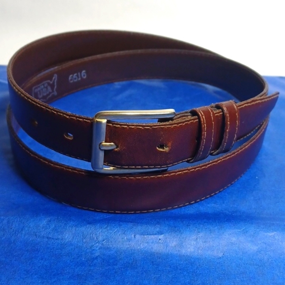 MADE IN THE USA MENS DRESS BELT SIZE 40 GLAZED LEATHER SPLIT LEATHER LINED